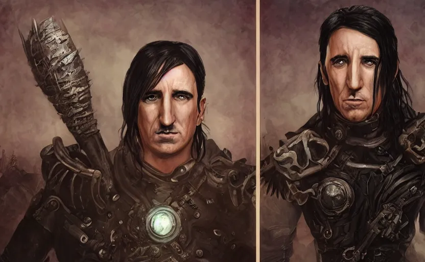 Prompt: an epic fantasy comic book style portrait painting of a very imposing industrial goth trent reznor in icarly, character design by mark ryden and pixar and hayao miyazaki, unreal 5, daz, hyperrealistic, octane render, cosplay, rpg portrait, dynamic lighting, intricate detail, cinematic