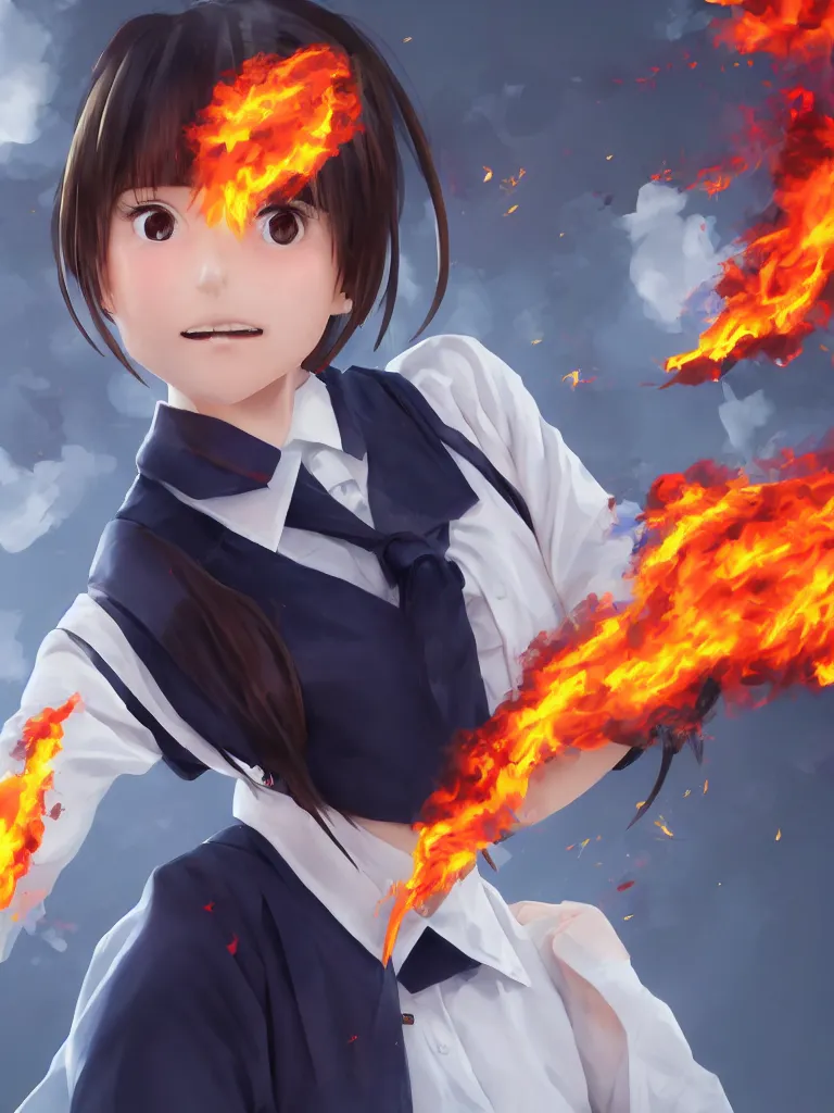 Image similar to Portrait of a Japanese schoolgirl with short hair in school uniform causing flames in a moment of rage, ultra detailed, artstation, 8k, photorealistic, digital anime art.