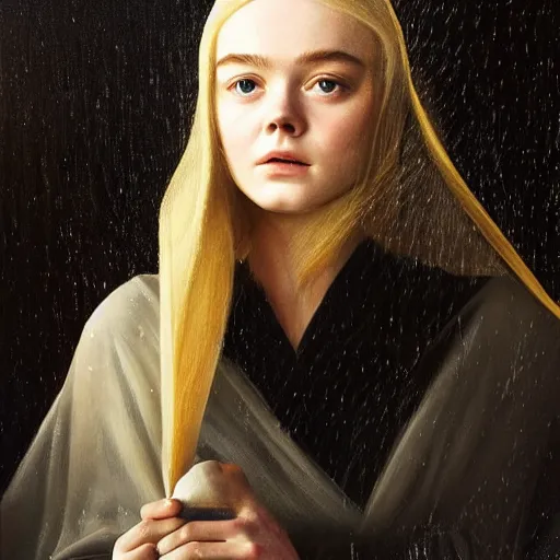 Image similar to Elle Fanning in a black robe holding fire on the beach, head and shoulders portrait, stormy weather, extremely detailed masterpiece, Roger Deakin’s cinematography, oil on canvas, Johannes Vormeer,