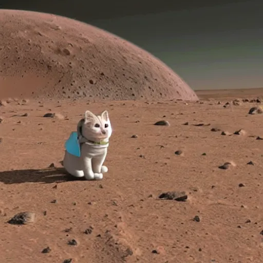 Prompt: cat wearing a spacesuit while walking on mars