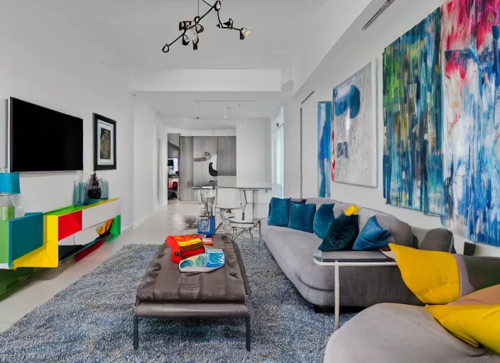 Image similar to 8 k photograph of stunning 2 0 2 2 wynwood studio apartment, colorful award winning design, designed by michael wolk + deborah dimare