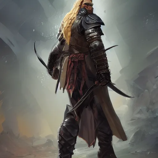 Prompt: full body rear side portrait of a muscular, grim, ponytail haired blonde man in his late 30's with only one arm armored, wearing a thick brown leather coat, looking to his side, hunter, DnD character, fantasy character, digital art by Ruan Jia, Krenz Cushart, Rossdraws