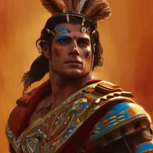 Prompt: Henry Cavill as an Aztec warrior, athletic , face paint, muscular, intricate, highly detailed, digital painting, artstation, concept art, sharp focus, illustration, art by greg rutkowski and alphonse mucha