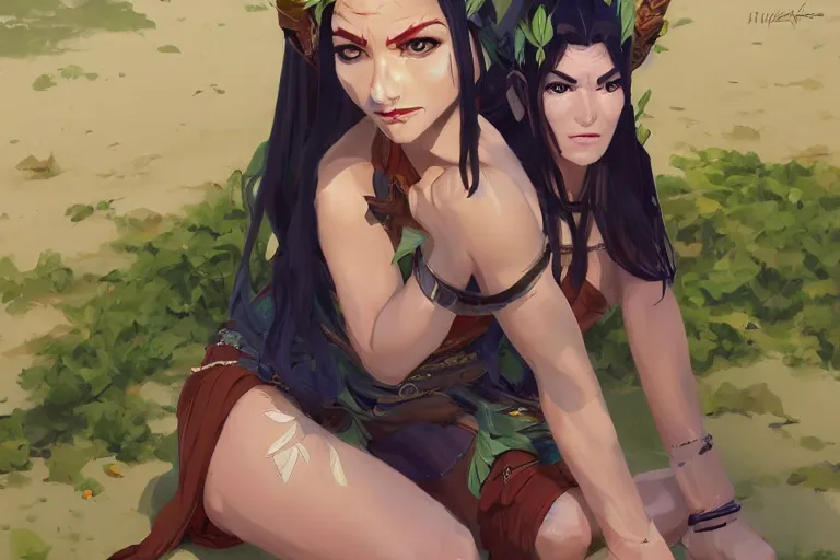 Image similar to half orc half elf woman, beautiful face and small orc tusks, tropical mage dress with high slit, several layers of fabric, sitting on the beach, by ilya kuvshinov, krenz cushart, Greg Rutkowski, trending on pixiv