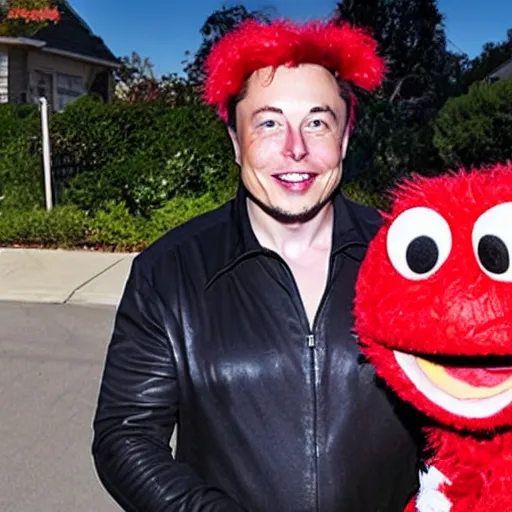 Image similar to photo of Elon Musk in an Elmo costume