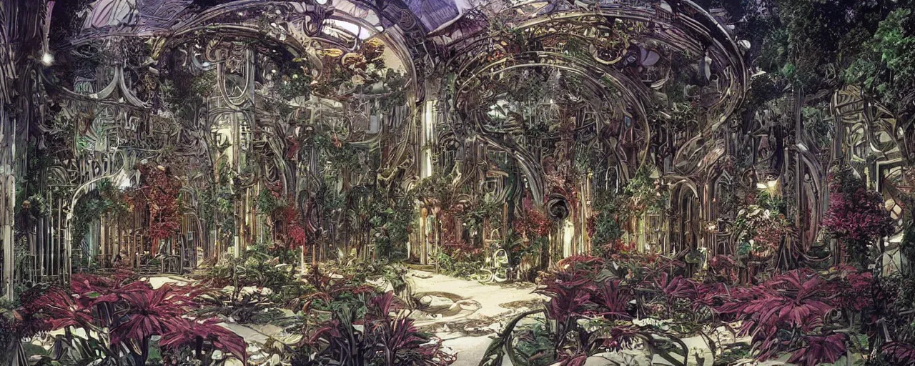 Image similar to a luxurious scifi futuristic victorian garden courtyard by killian eng, moebius, philippe druillet