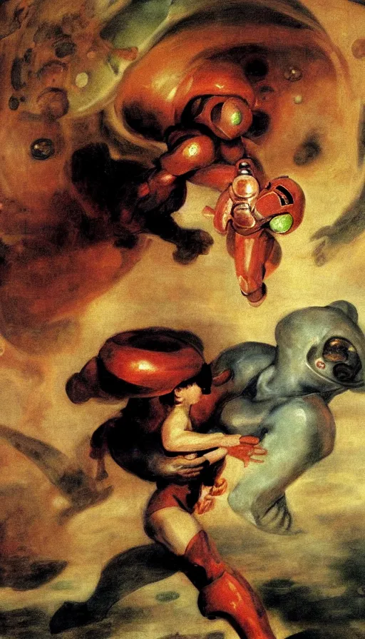 Image similar to samus devouring her metroid child a mural by francisco goya, painting by salvador martinez cubells, 4 k, high quality