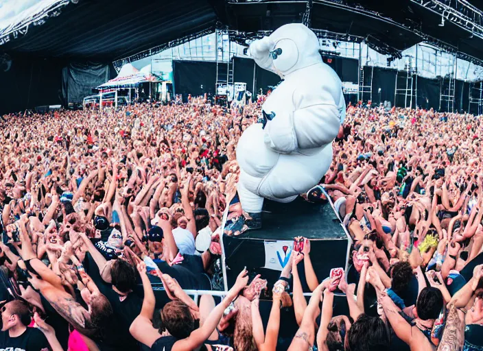 Image similar to photo still of the michelin man on stage at vans warped tour!!!!!!!! at age 3 8 years old 3 8 years of age!!!!!!! stage diving into the crowd, 8 k, 8 5 mm f 1. 8, studio lighting, rim light, right side key light