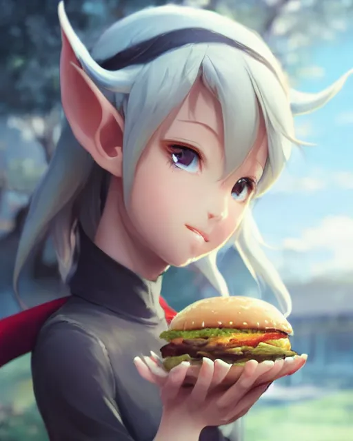 Image similar to adorable elf girl holding a burger, single subject, close shot, ambient lighting, white hair, detailed face, by makoto shinkai, stanley artgerm lau, wlop, rossdraws