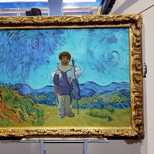 Prompt: ! bob ross! at his easel, painting a van gogh picture