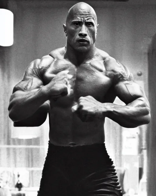 Image similar to Film still close-up shot of Dwayne Johnson as Rocky Balboa from the movie Rocky. Photographic, photography