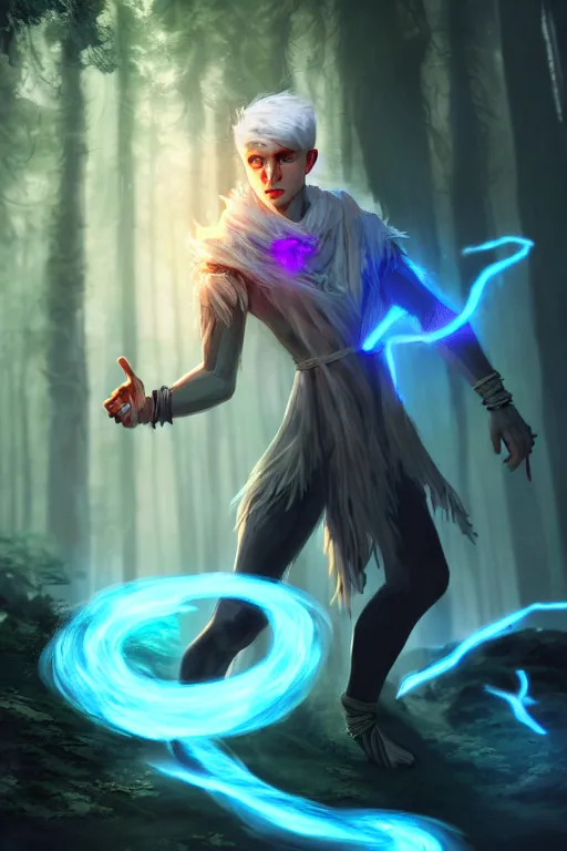 Image similar to a human elemental sorcerer, forest setting, colorful magic, male, white skin, young, sharp focus, concept art, dynamic lighting, unreal engine, by emylie boivin 2. 0 | kyle herring 1. 0