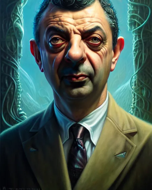 Image similar to lovecraft biopunk portrait of rowan sebastian atkinson by tomasz alen kopera and peter mohrbacher