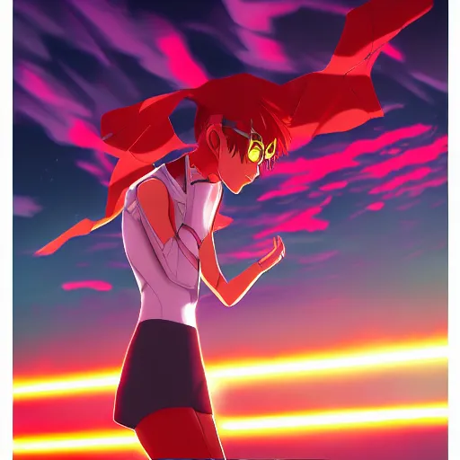 Image similar to Neon Genesis Evangelion battle by Lois van baarle with blazing clouds