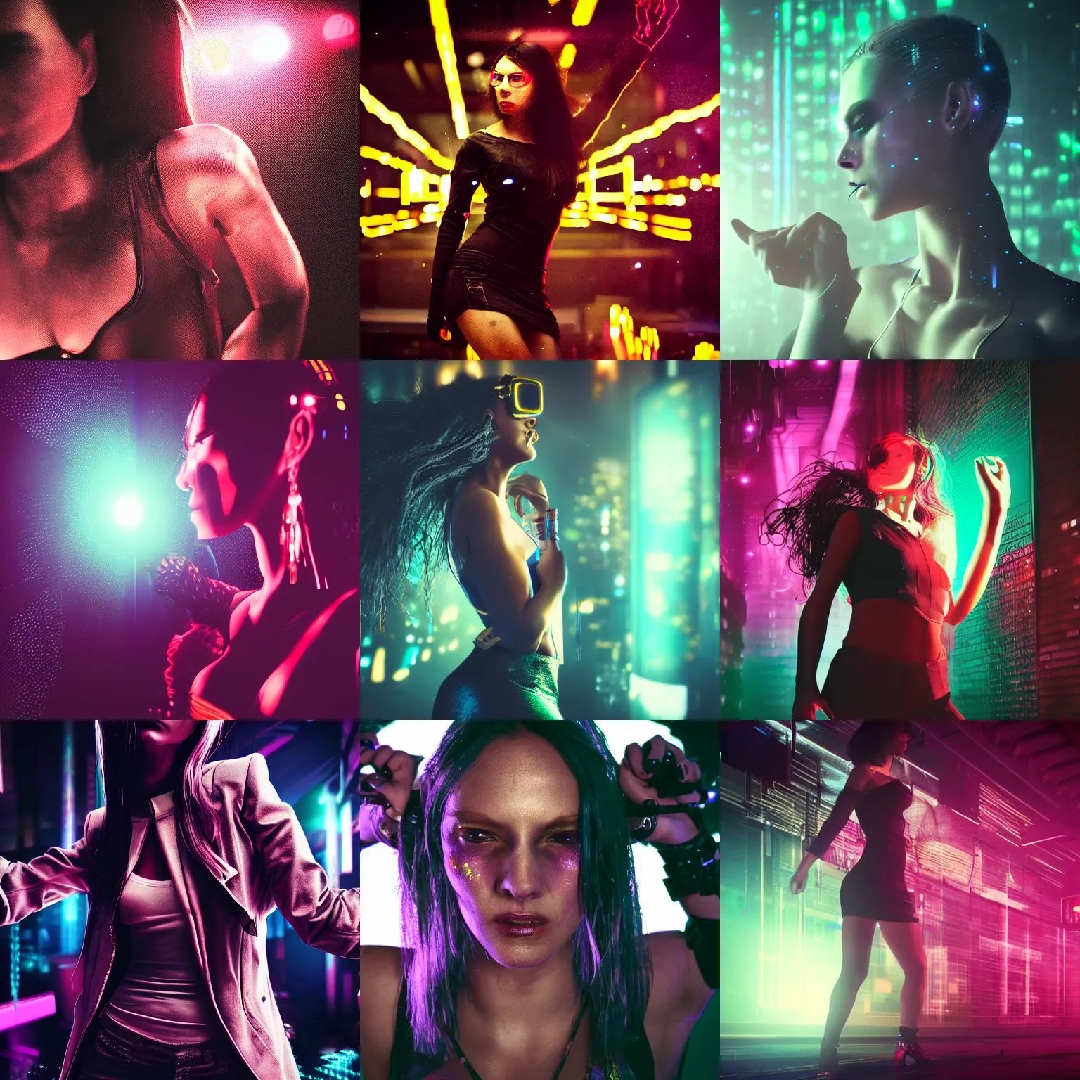 Prompt: closeup of a Cyberpunk woman dancing, dense crowd, nightclub, poorly lit, moody, atmospheric, unfocused, digital art, Octane