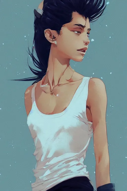 Image similar to a ultradetailed beautiful painting of a stylish woman with a white tank top, by conrad roset, greg rutkowski and makoto shinkai trending on artstation