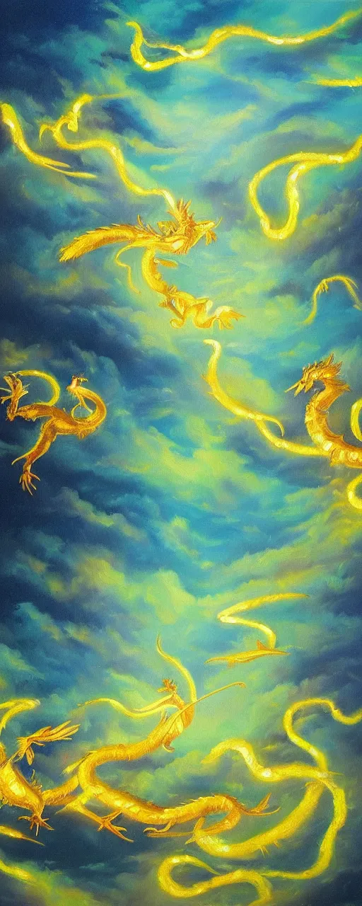 Image similar to beautiful oil painting of golden eastern dragons in sky, green lightning, night clouds, above forest, landscape shot