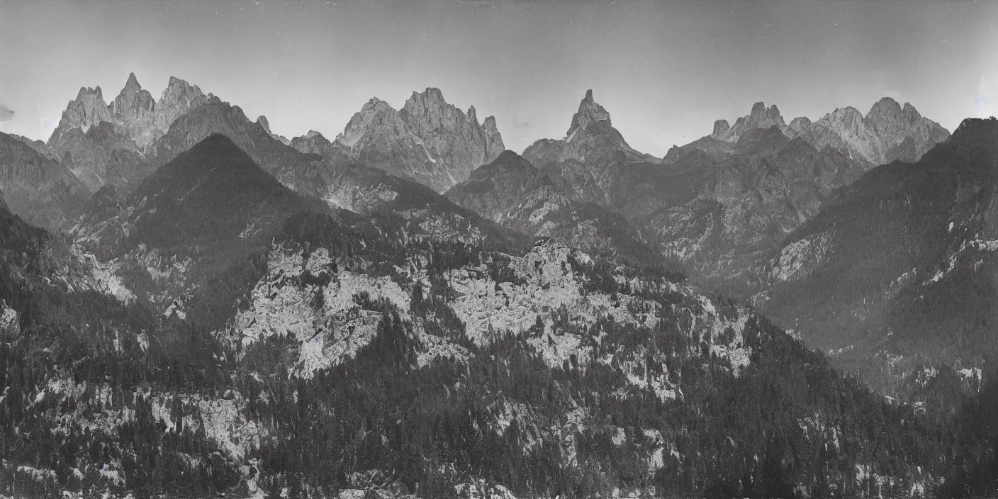 Prompt: dark tyrolean valley with dolomites in background photographed from the valley, 3 5 mm, dark, eerie, 1 9 2 0 s ghost photography