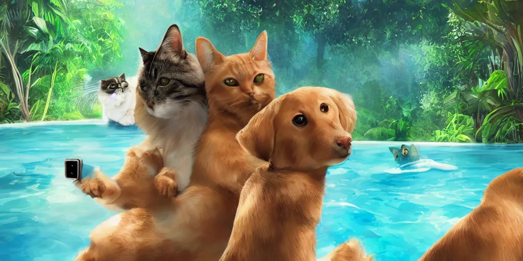 Image similar to cat and dog taking selfie in a swimming pool in the middle of the jungle, highly detailed, digital painting, artstation, concept art