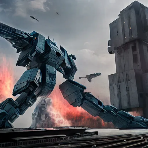 Image similar to six meter tall mech firing at tanks, futuristic city, mechanized art concept, 3 d render, marble statue, pacific rim action scene