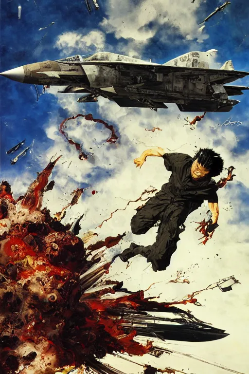 Image similar to full page illustration, tetsuo rips apart a russian jet fighter, Katsuhiro Otomo, Phil hale, Ashley wood, Ilya repin, frank frazetta, 8k, hd, high resolution print