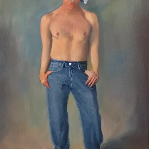 Prompt: A handsome man with a pair of pants around his head, long denim jeans, oil on canvas