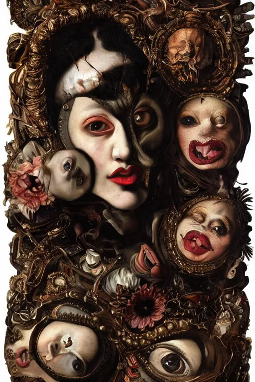 Image similar to Detailed maximalist portrait with large lips and with large, wide eyes, expressive, extra flesh and bones, HD mixed media, 3D collage, highly detailed and intricate, surreal, illustration in the style of Caravaggio, dark art, baroque