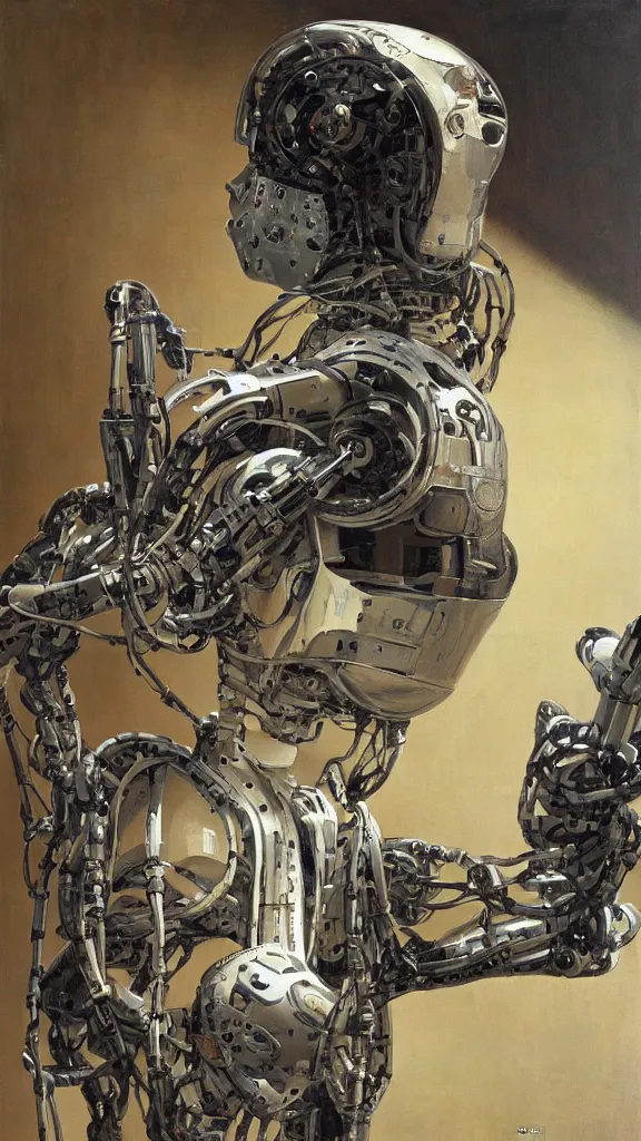 Prompt: robot painting a robot on canvas, intricate, highly detailed, photorealistic, film still, by vdragan bibin.