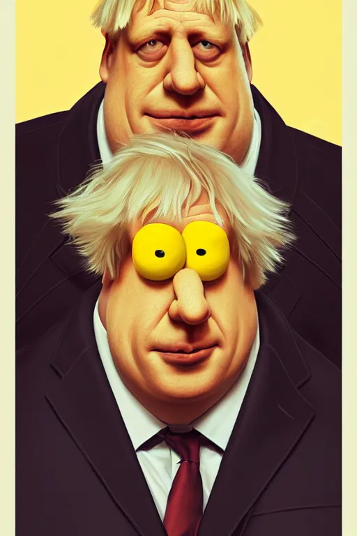 Image similar to Boris Johnson as a Simpsons character, realistic portrait, symmetrical, highly detailed, digital painting, artstation, concept art, smooth, sharp focus, illustration, cinematic lighting, art by artgerm and greg rutkowski and alphonse mucha