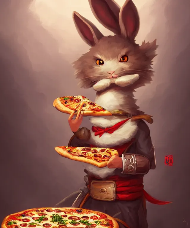 Image similar to a portrait an anthropomorphic rabbit samurai eating pizza, landscape in background, cute and adorable, dnd character art portrait, well rendered matte fantasy painting, deviantart artstation, by jason felix by steve argyle by tyler jacobson by peter mohrbacher, cinematic lighting