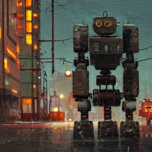 Prompt: a gritty, realistic painting of a broad-shouldered, heavy construction robot reaching down to pet a kitten, in a dark, wet cyberpunk city, by Simon Stålenhag and James Gurney