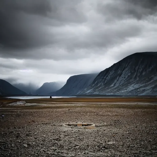 Image similar to a fjord in kazakhstan with a large satanic damn at the end of it. grainy, surreal, overcast sky.