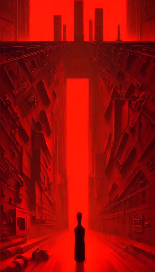 Prompt: only with red, a giant weird industrial zone with strange lights in the background, in the style of beksinski, by edward hopper and rodcenko and yue minjun and cory loftis, intricate and epic composition, red by caravaggio, highly detailed, masterpiece, red light, artstation, art nouveau