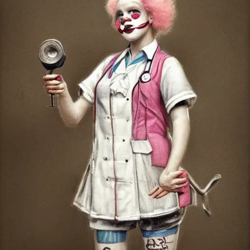 Image similar to clowncore pastel punk young hospital nurse wearing stylish uniform. detailed, portrait, 8 k, artwork by jean - baptiste monge