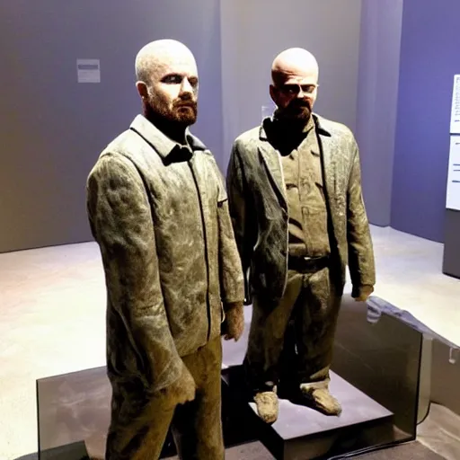 Prompt: jesse pinkman and walter white transformed into inanimate bronze statues, in a museum