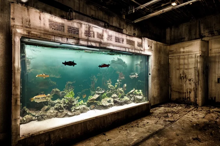 Prompt: national geographic photo of aquarium in dimly lit abandoned industrial room