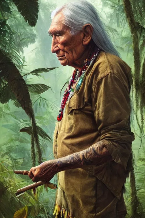 Image similar to a beautiful portrait of chief dan george taking tobacco snuff in the jungle, hyper realistic face, fantasy art, in the style of greg rutkowski, intricate, hyper detailed, smooth