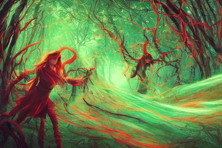 Image similar to colored life and death magic creatures confrontation, swirling scene in forest, spiral lines, concept art, artstation art, award winning, 8k, hd, very very very beautiful, warm green and warm red