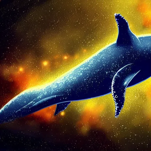 Prompt: portrait of whale swimming on a night sky, swimming across the universe, oniric, dreamy, beautiful, highly detailed, cinematic, trending on artstation