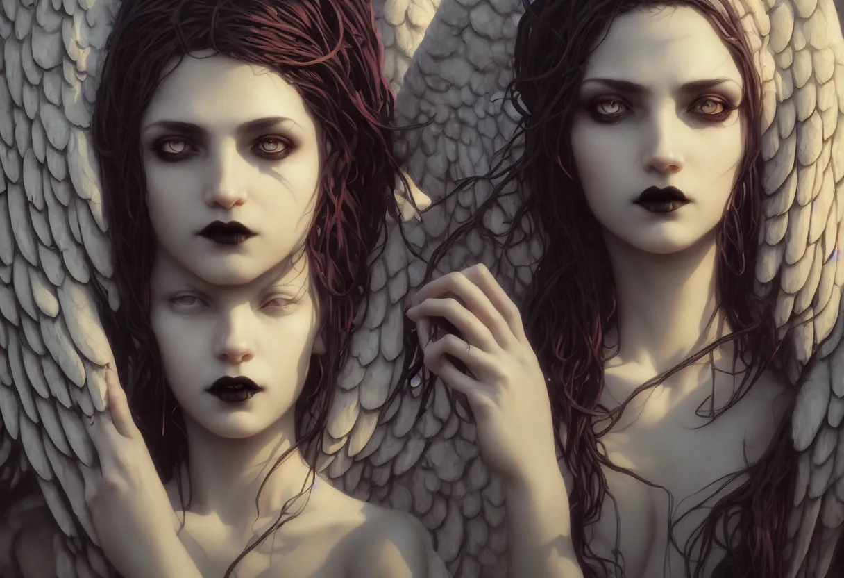 Image similar to beautiful very extreme closeup portrait, gothic girl, goth, vampire, weeping angels, angel of grief, stone statues, beautiful woman body, unreal engine, greg rutkowski, loish, rhads, beeple, tom bagshaw, alphonse mucha, global illumination, detailed and intricate environment