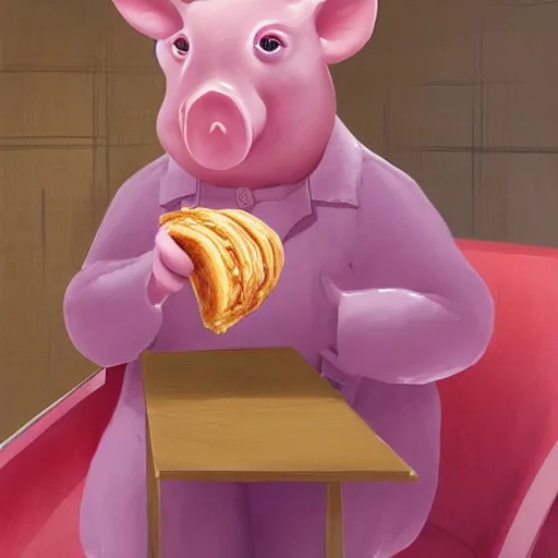 Prompt: Percy Pig eating a croissant at Pret in Gatwick Airport, Greg Rutkowski