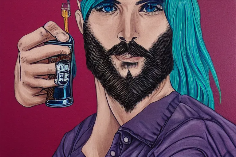 Image similar to a young man holding a beer giving a thumbs up with a long beard, detailed, uncropped, painted by Harumi Hironaka