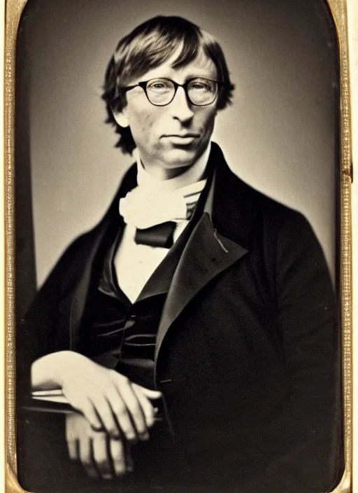 Prompt: Daguerreotype of Bill Gates, classical portrait, 1849, direct gaze