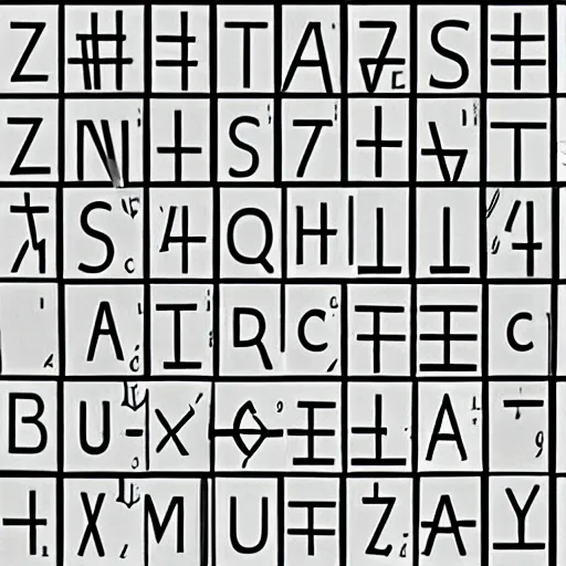 Prompt: latin alphabet in square boxes, mathematical, symmetrical, grayscale, sharp