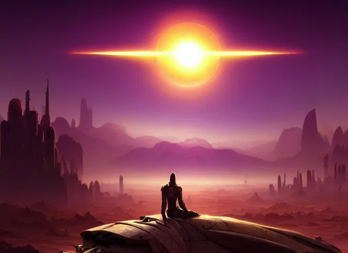 Image similar to science fiction wallpaper, pc game, point - and - click adventure, daedalic entertainment, desert with city in the skyline, two suns, purple orange colors, sharp focus, illustration, highly detailed, digital painting, concept art, matte, art by wlop and artgerm and greg rutkowski and alphonse mucha, masterpiece