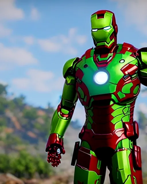 Image similar to green iron man suit in red dead redemption 2, cinematic, photorealistic