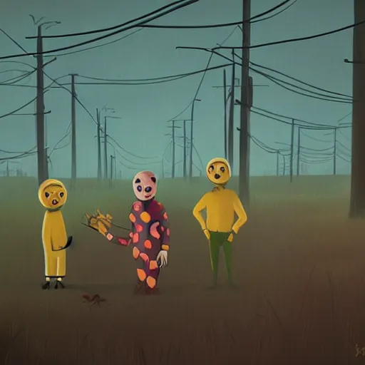 Image similar to simon stalenhag, bananas in pajamas, foggy, horror