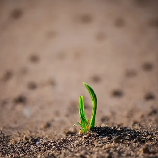 Image similar to a single sprout grows in a barren desert, low angle 8k HD nature photo