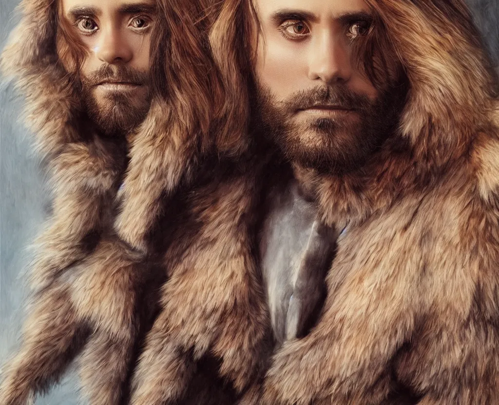 Prompt: beautiful Jared Leto, wrapped in lions fur, very sharp likeness, very detailed, electrical details, cinematic lighting high details, 4k, 8k, trending on artstation, ultra-realism, by Boris Vallejo and Hajime Sorayama