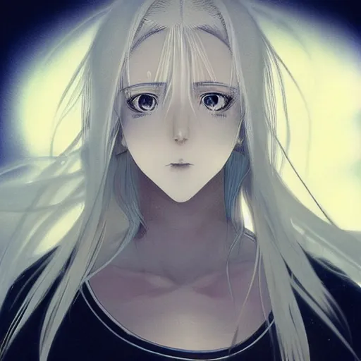 Image similar to “ realistic portrait of an anime girl with white hair, noisy film grain texture, three quarter angle, yoshitaka amano color palette ”